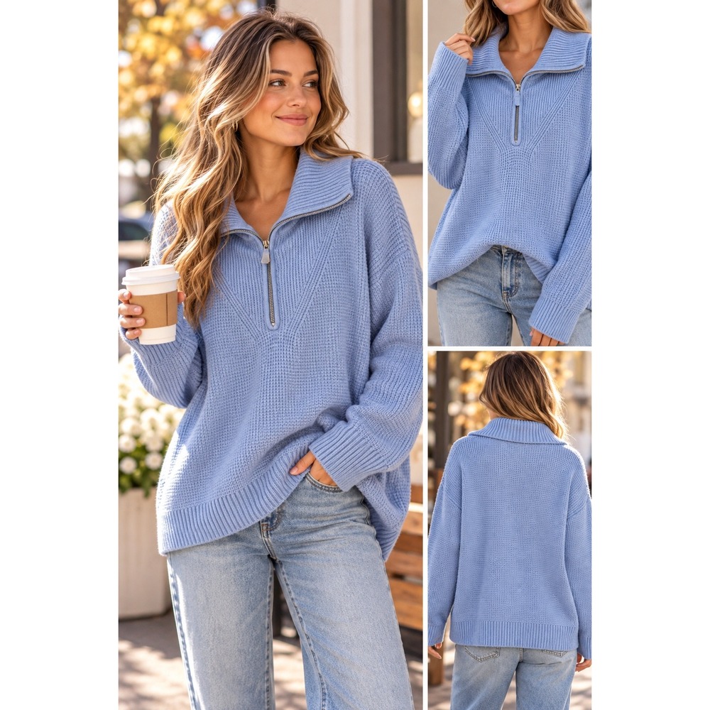 Aerie Womens Waffle Knit Quarter Zip Sweater Periwinkle Blue Oversized Small